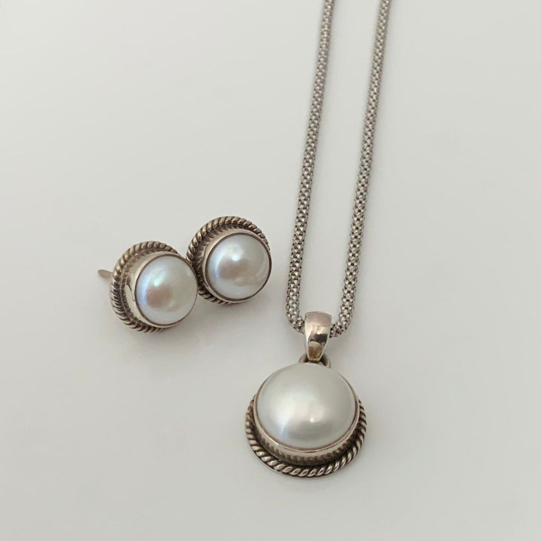 Set - Pearl Pendant with Necklace and Earrings in Sterling Silver